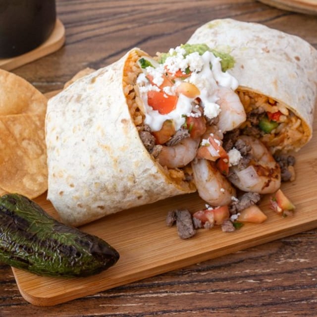 Surf 'N Turf Burrito (Steak and Shrimp).